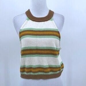 nikka K striped retro style sweater tank mustard beige green 70s crewneck XL euc